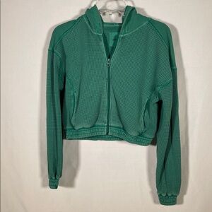 AERIE WOMENS GREEN WAFFLE CROPPED HOODIE SWEATSHIRT XS